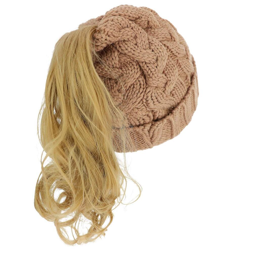1584 Cable Knit Messy Bun Hair Winter Ponytail Beanie Cap - Tan